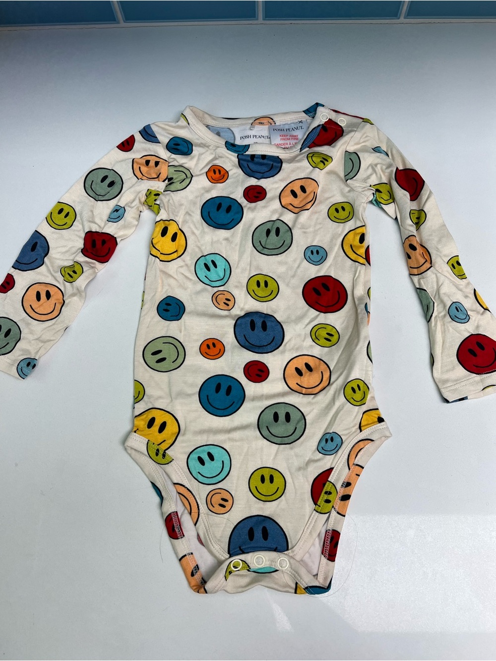 Posh Peanut Cream Long-Sleeve Onesie with Multicolor Smiley Print 2t